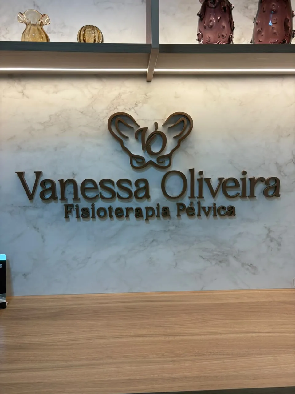 Identidade da Vanessa Oliveira Fisioterapia Pélvica na parede do consultório